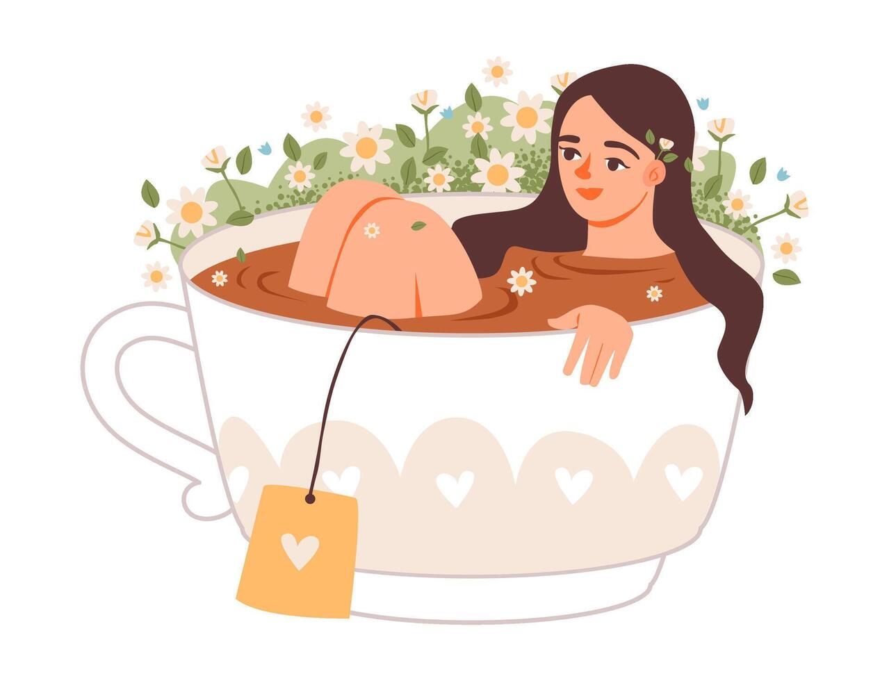 Woman sitting inside a cozy tea cup. Mindfulness, inner calm, and selfcare. A peaceful girl rests in a warm cup of coffee. Flat illustration. vector