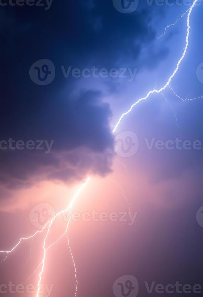 Lightning strike in the sky with clouds and a blue sky photo