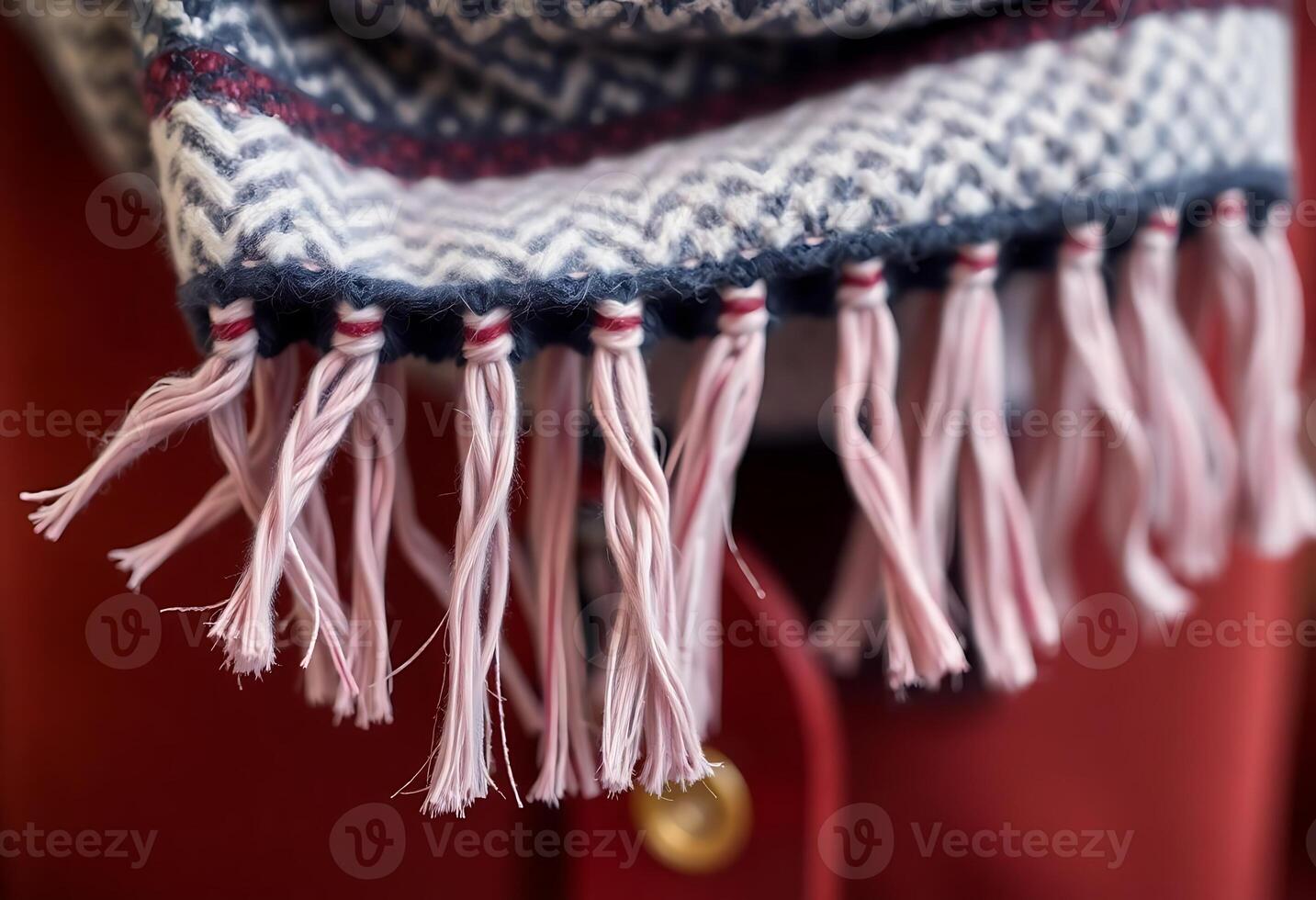 A scarf with fringes and a red coat photo