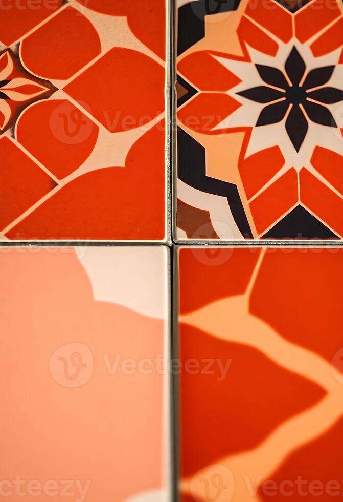 Four different colored tiles with designs on them photo