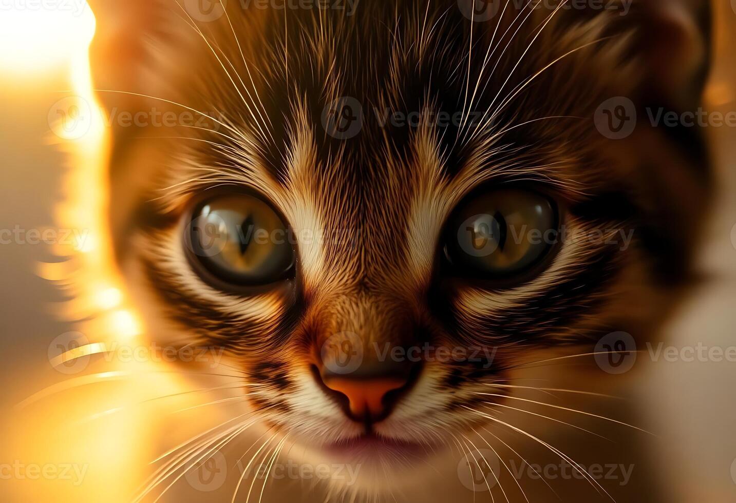 A close up of a cat's face with the sun shining photo