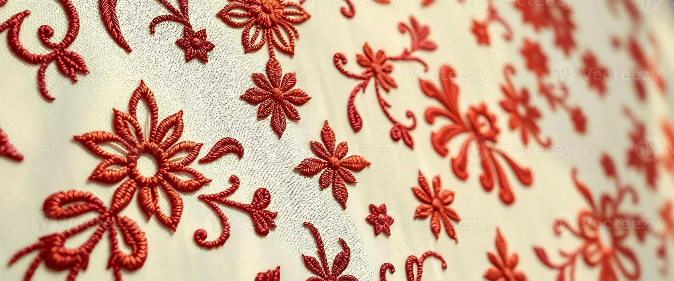 A close up of red embroidery on a white wall photo