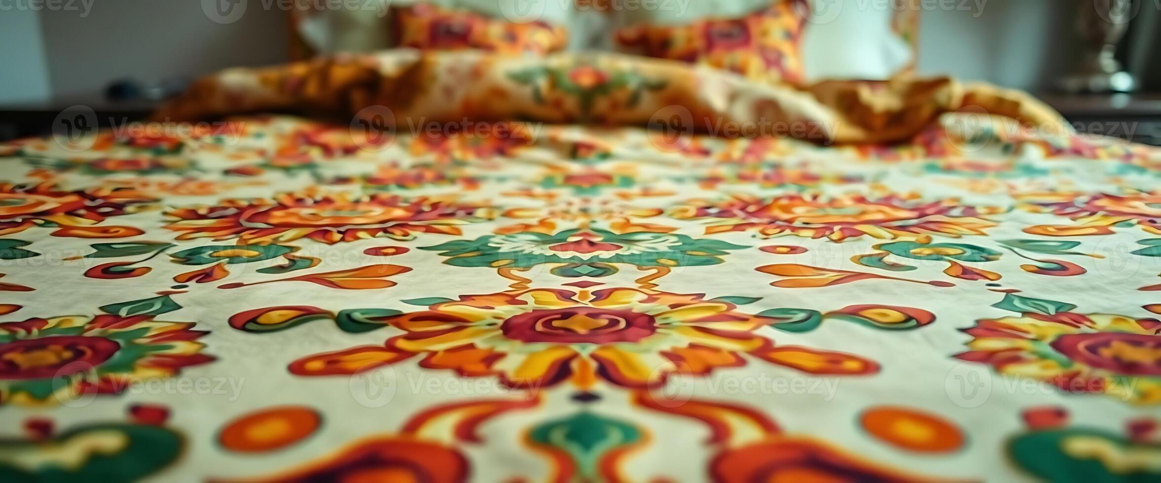 A bed with a colorful floral pattern on it photo