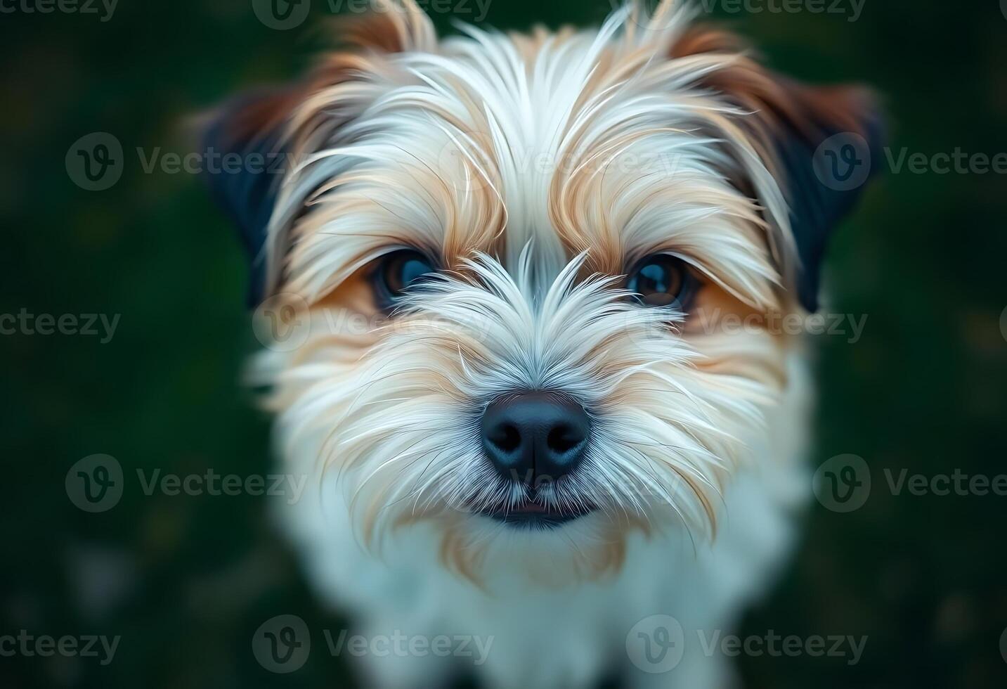 A small dog with a big head looking up photo