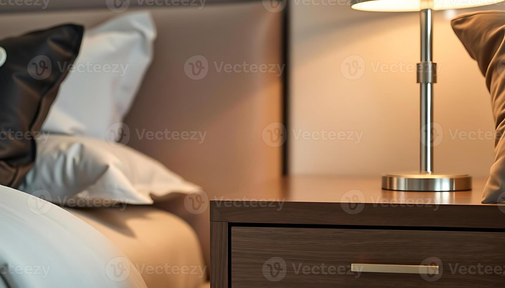 nightstand with a lamp on top of it next to a bed photo