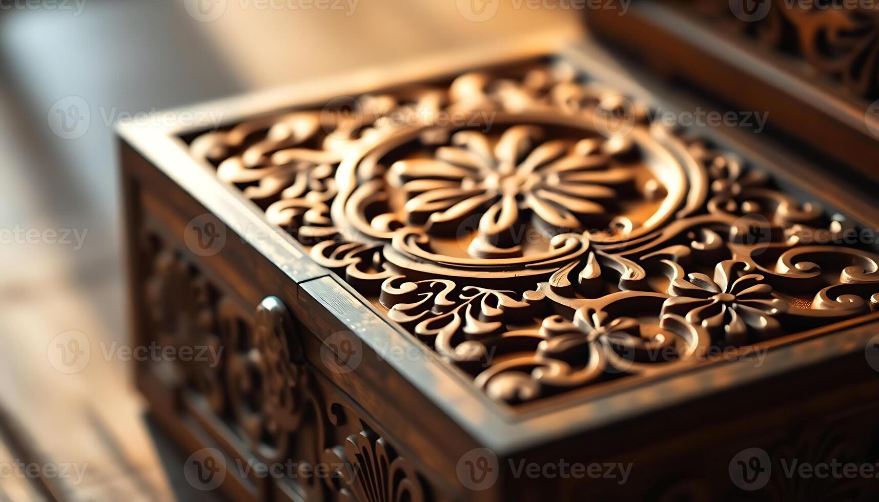 An ornate wooden box with intricate carvings photo