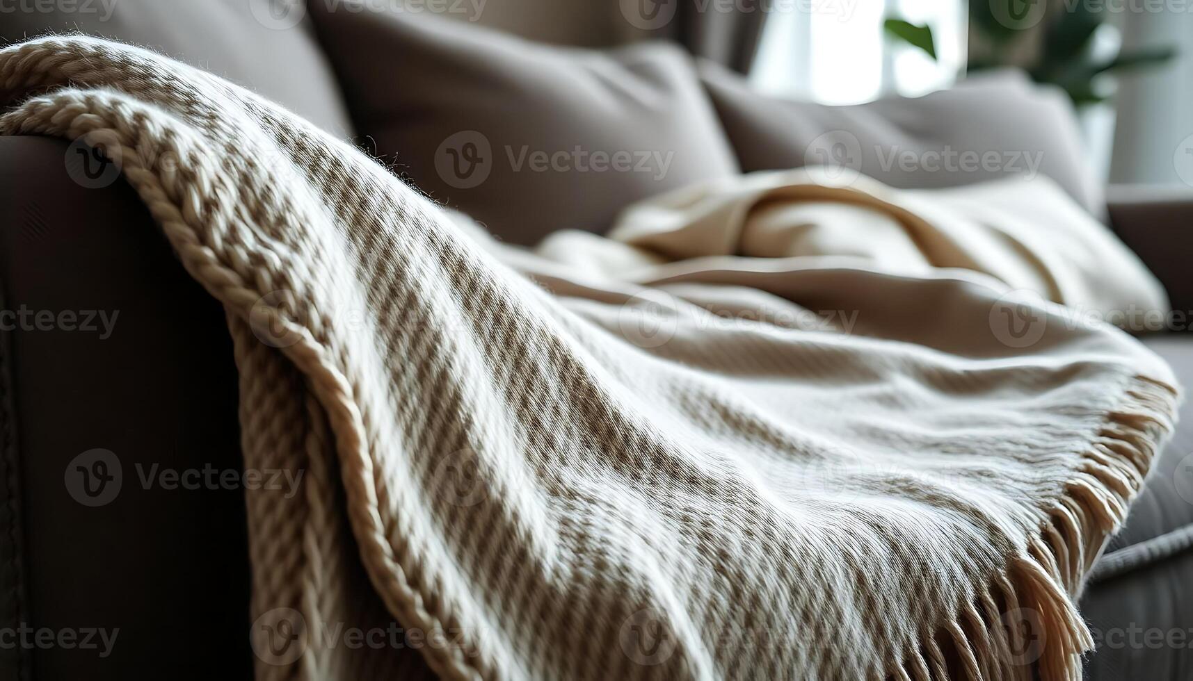 blanket sitting on top of a couch next to a window photo