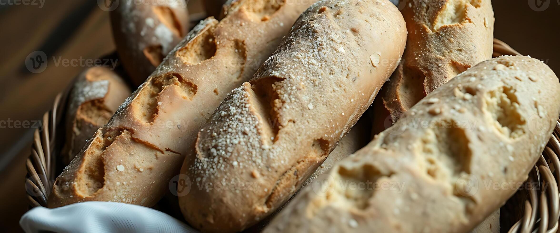 A basket of bread is sitting on a table photo