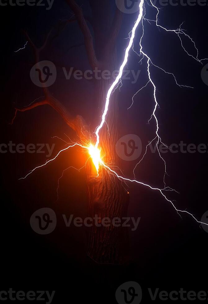 lightning bolt hitting a tree in the dark photo