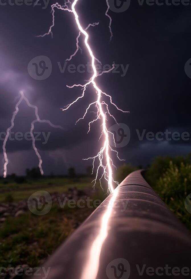 lightning bolt hitting a pipe in the middle of a field photo