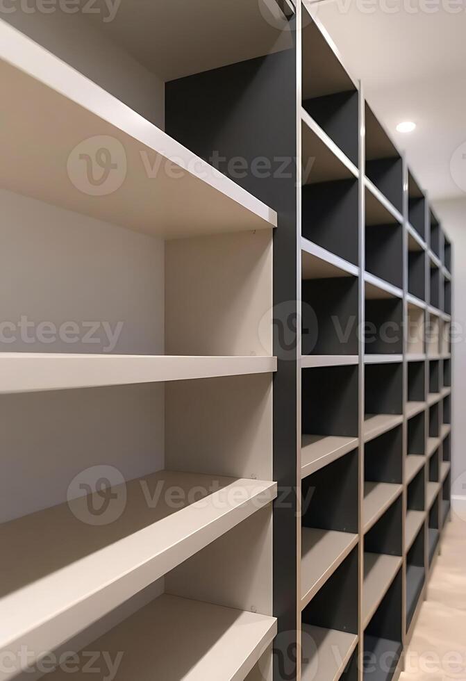 long row of shelves in a room photo