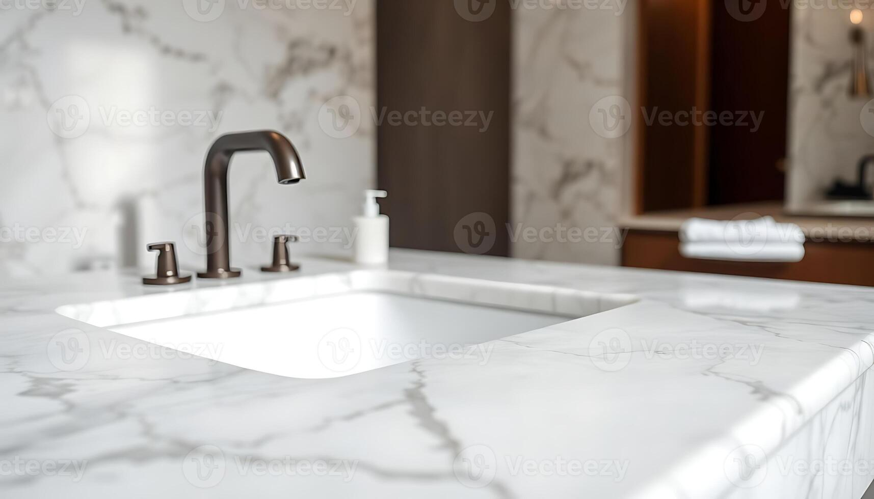 A marble counter top with a sink and faucet photo