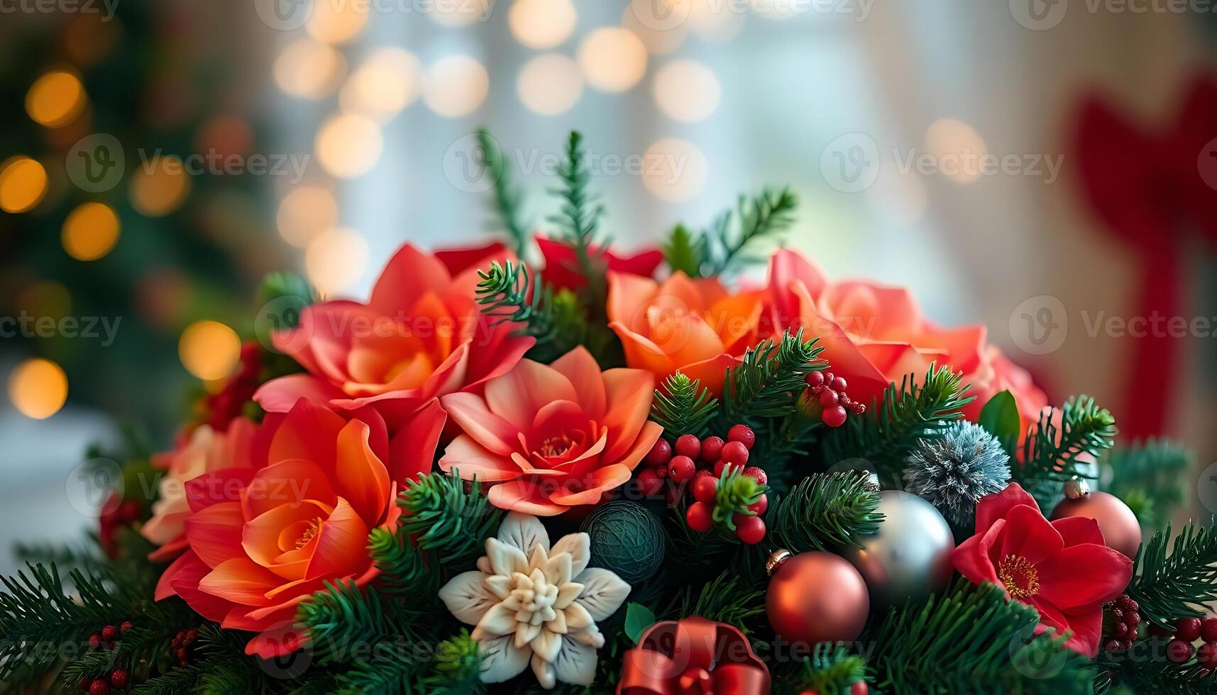 A christmas arrangement with red flowers and ornaments photo