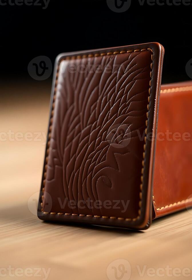 A brown leather wallet with a tree design photo
