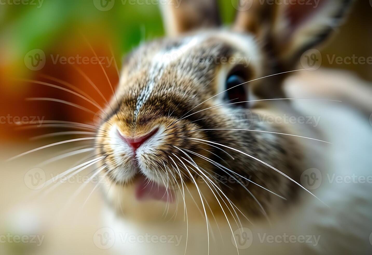A close up of a rabbit's face with its mouth open photo