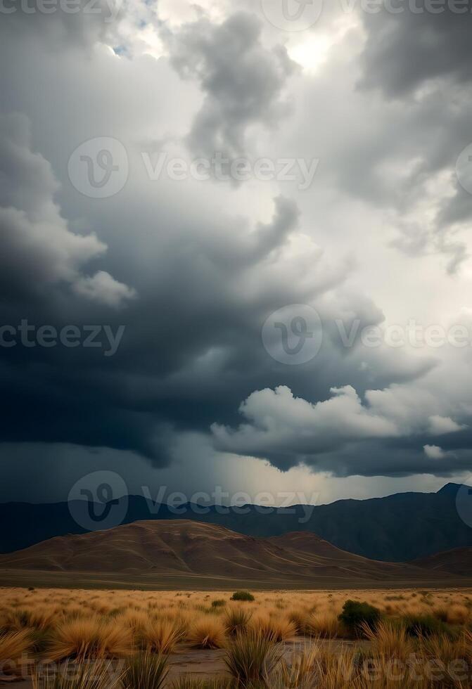 field with mountains in the background under a cloudy sky photo