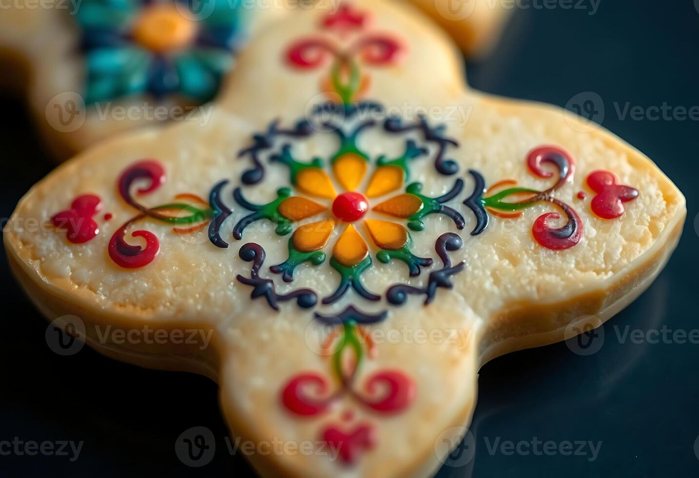 A decorated cookie with colorful designs on it photo