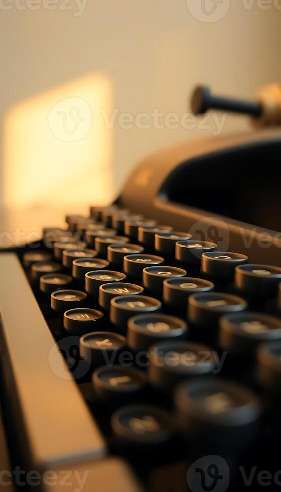 An old typewriter is shown in front of a window photo