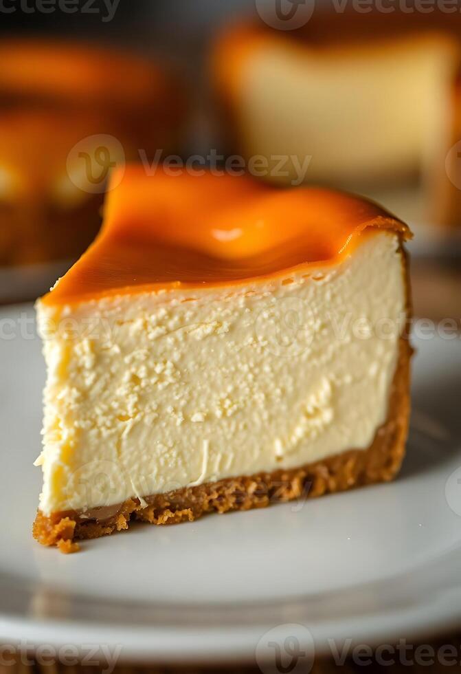 A piece of cheesecake on a plate with orange frosting photo