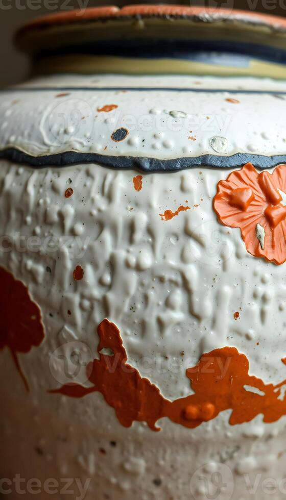 white and orange vase with a flower on it photo