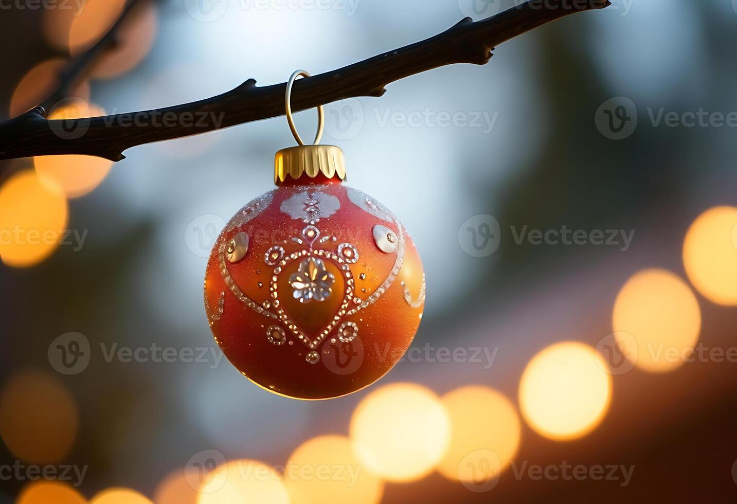 An orange christmas ornament hangs from a tree branch photo