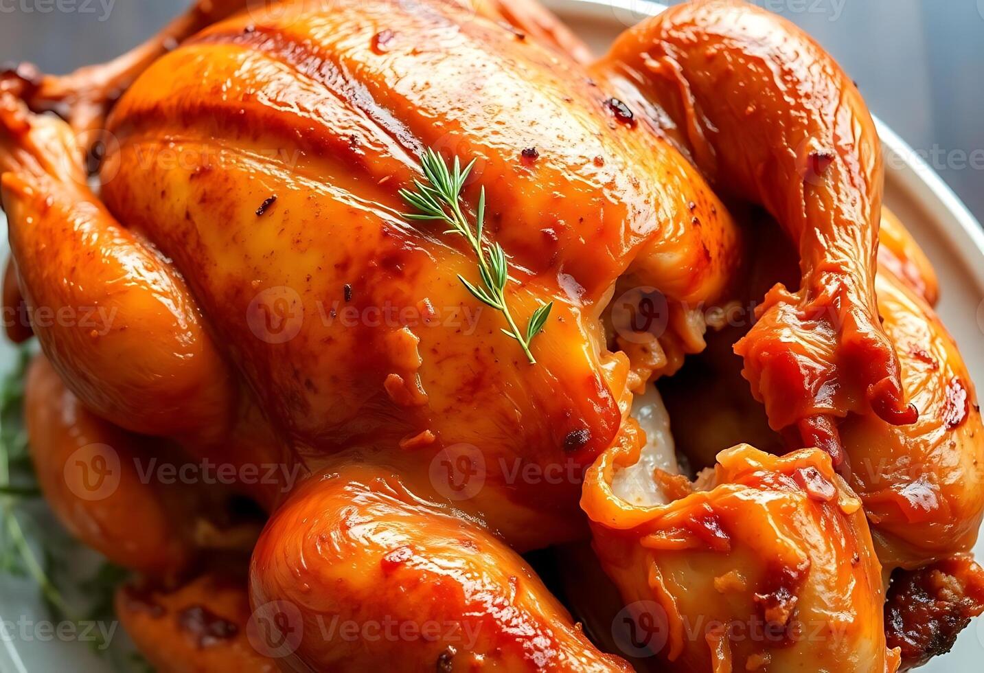 A large roasted chicken on a plate with herbs photo