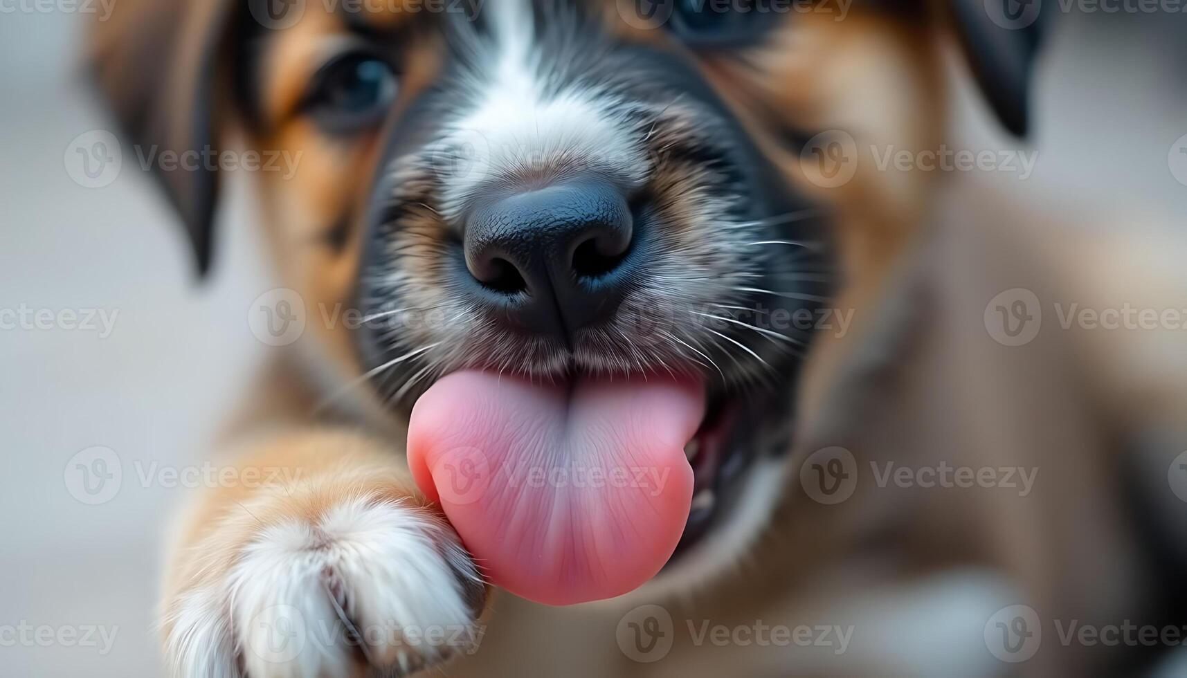 A close up of a puppy with its tongue out photo