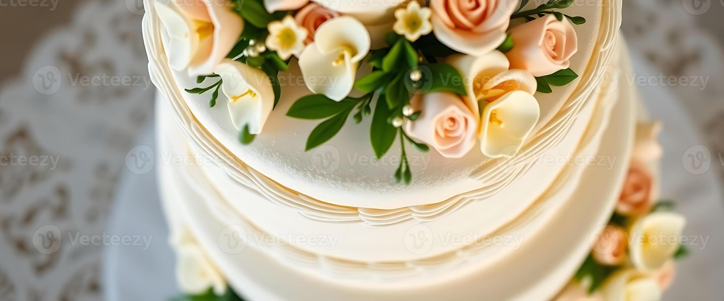 A close up of a wedding cake with flowers photo