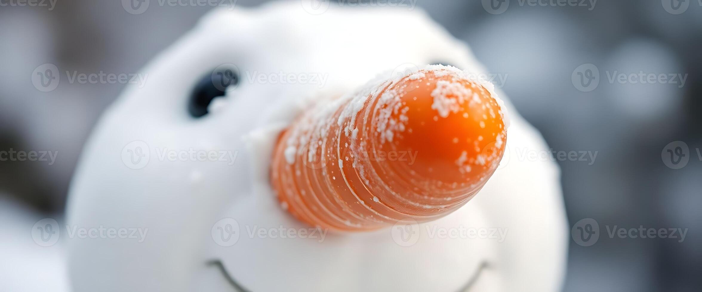 A close up of a snowman with an orange nose photo