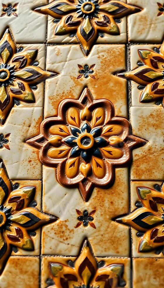 close up of a tile with a flower design on it photo
