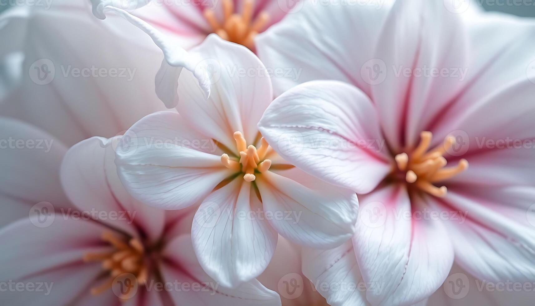 close up of three white flowers with pink centers photo