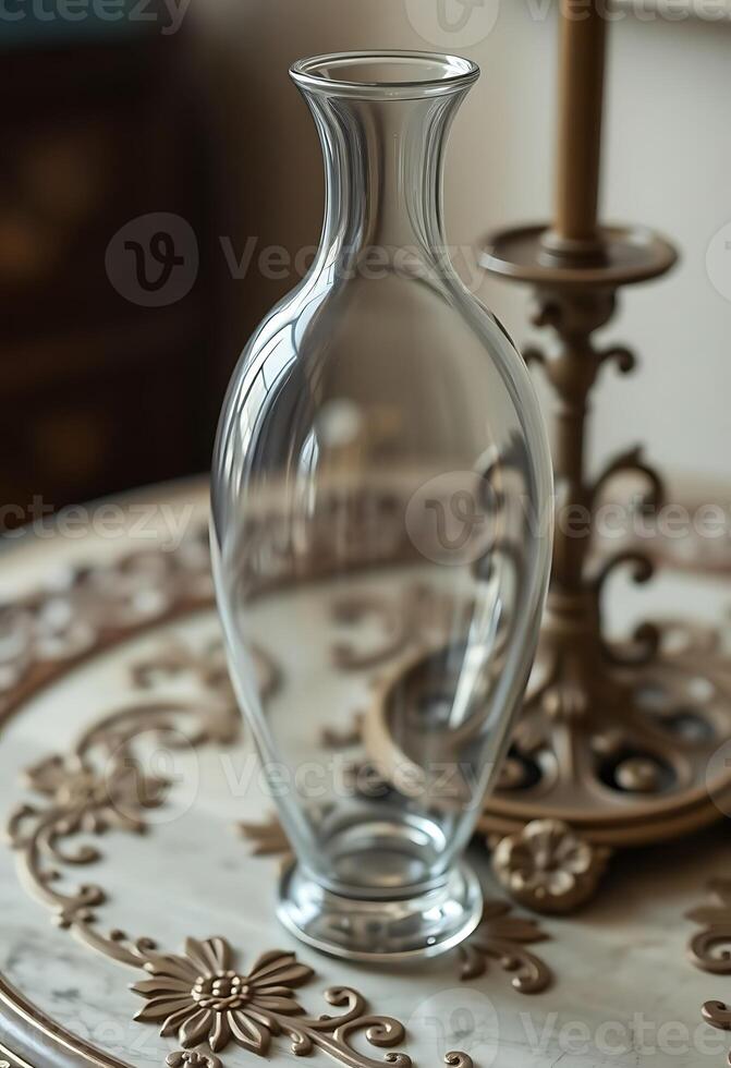 A glass vase sitting on a table next to a lamp photo