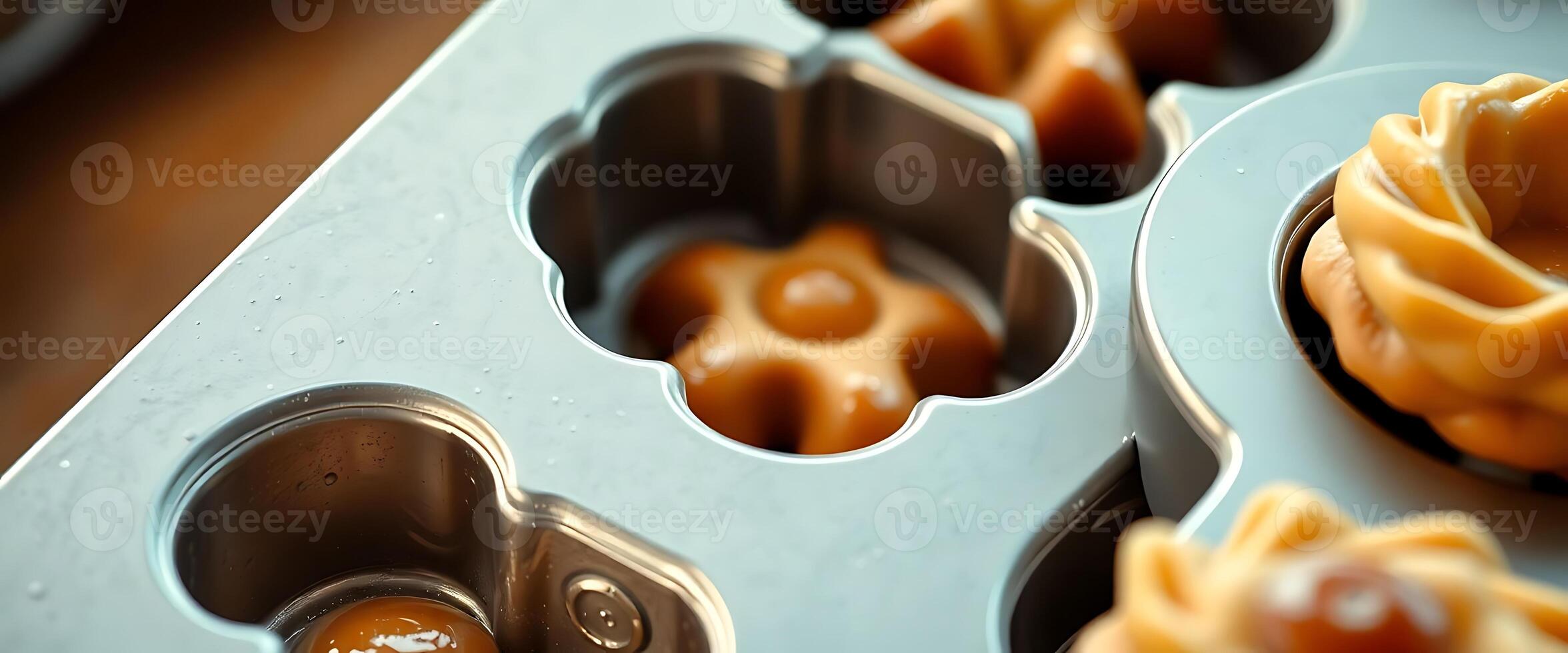 muffin tin filled with cupcakes covered in caramel icing photo