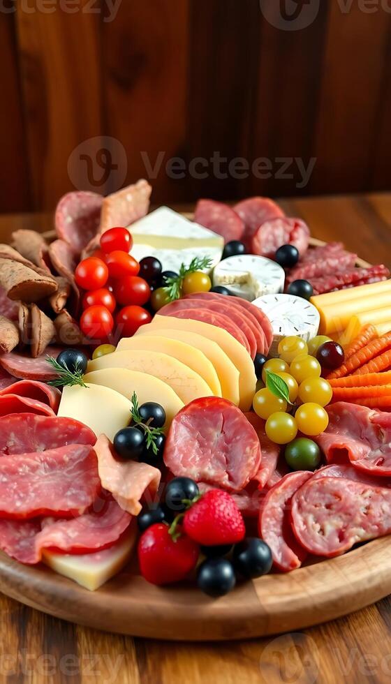 A platter of meat, cheese and vegetables on a wooden board photo