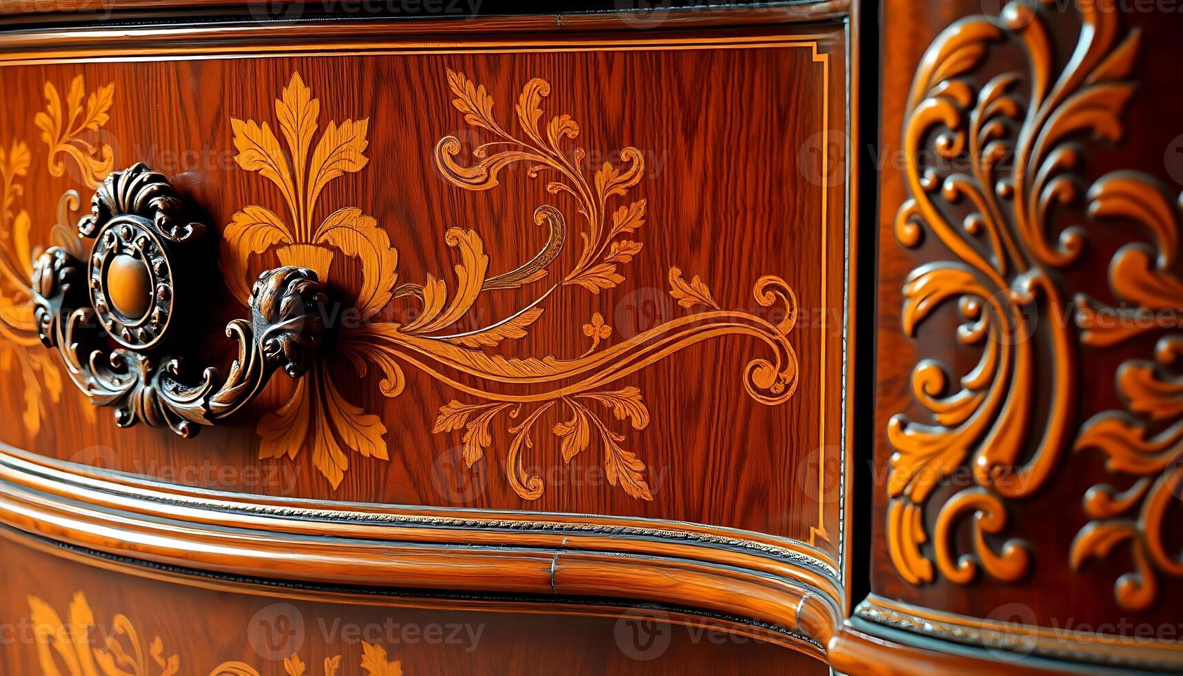 close up of a wooden dresser with ornate designs on it photo