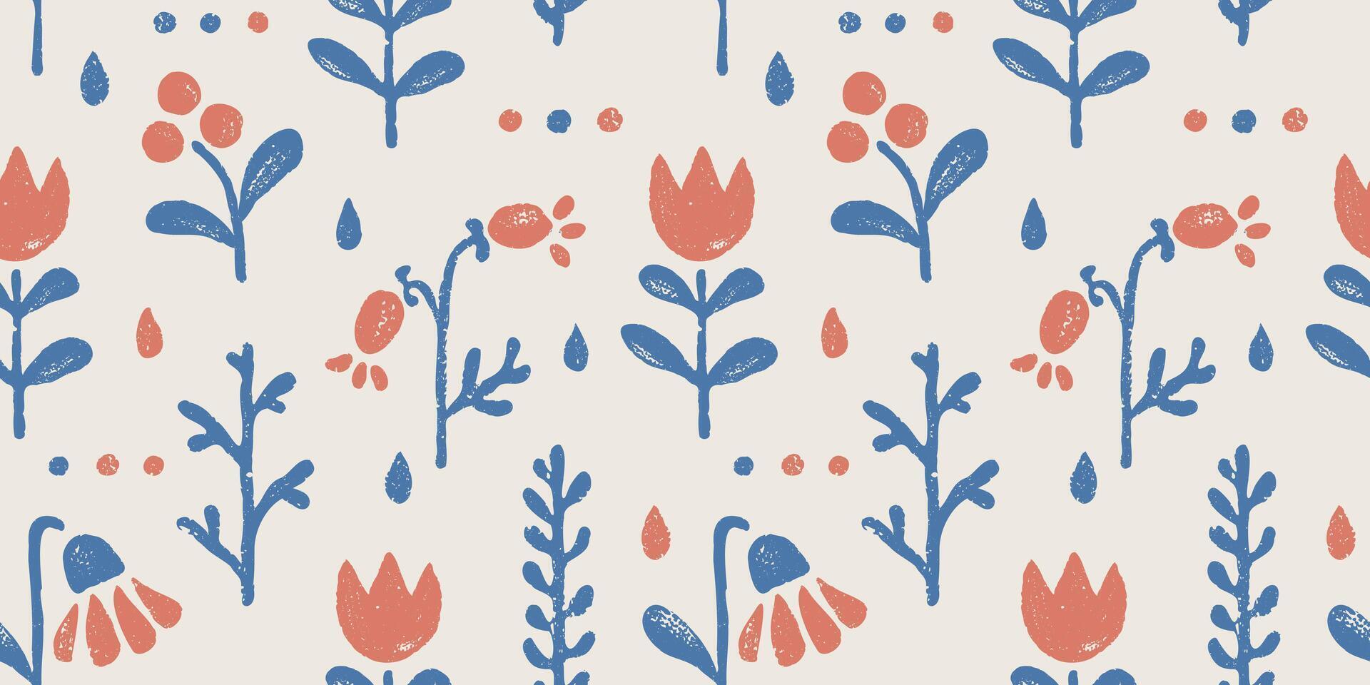 Vintage floral seamless pattern in scandinavian style. Retro seamless pattern with grunge flowers and berries vector
