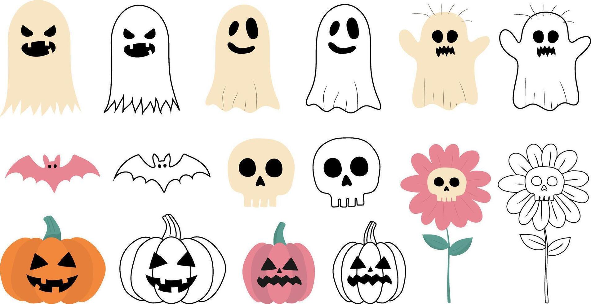 halloween set with cute ghosts, pumpkins, bats, skulls and spooky flowers in color and outline, perfect for kids crafts, stickers, prints and patterns vector