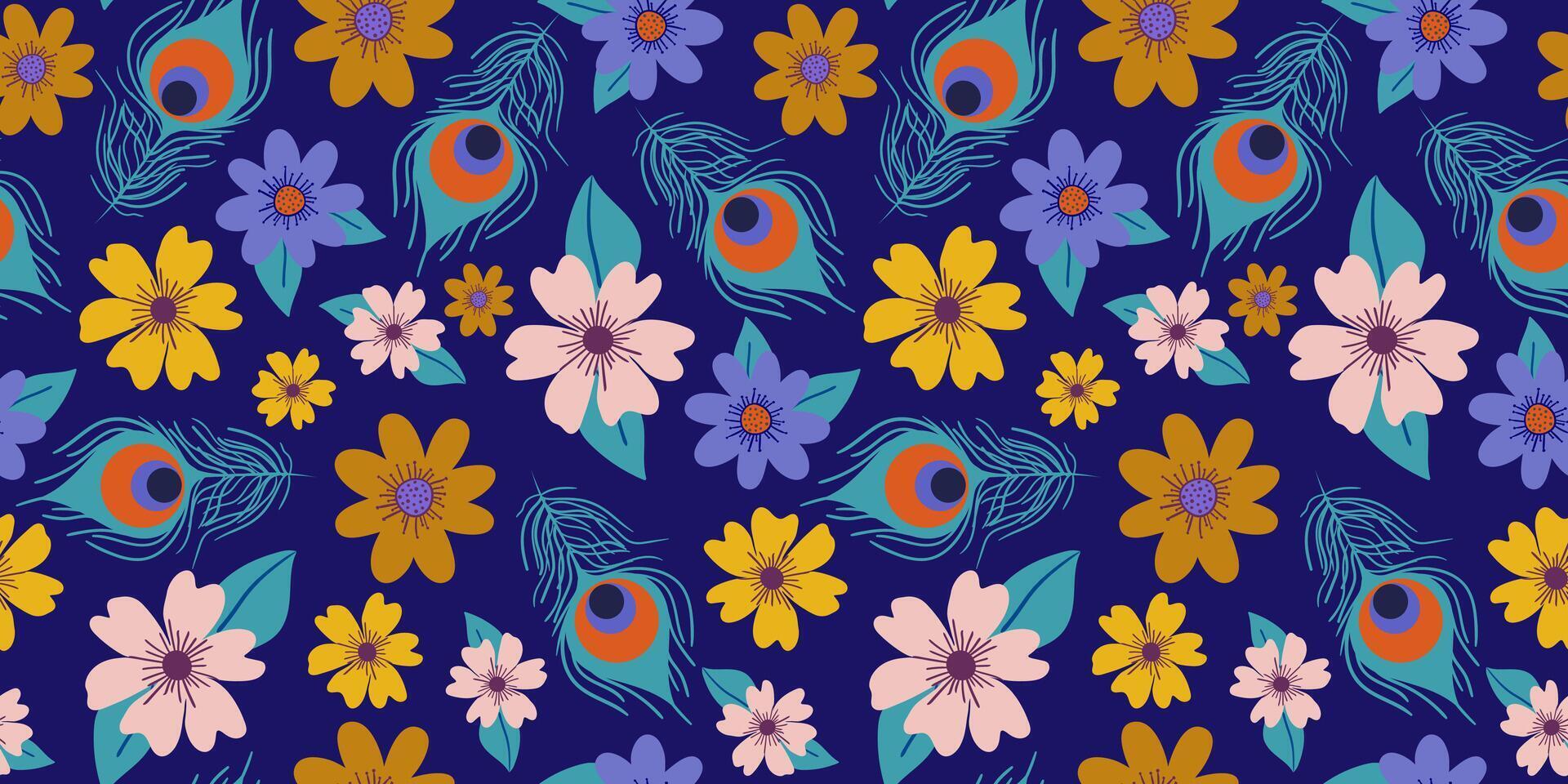 abstract seamless pattern with colorful flowers and peacock feathers on dark blue background Krishna Janmashtami vector