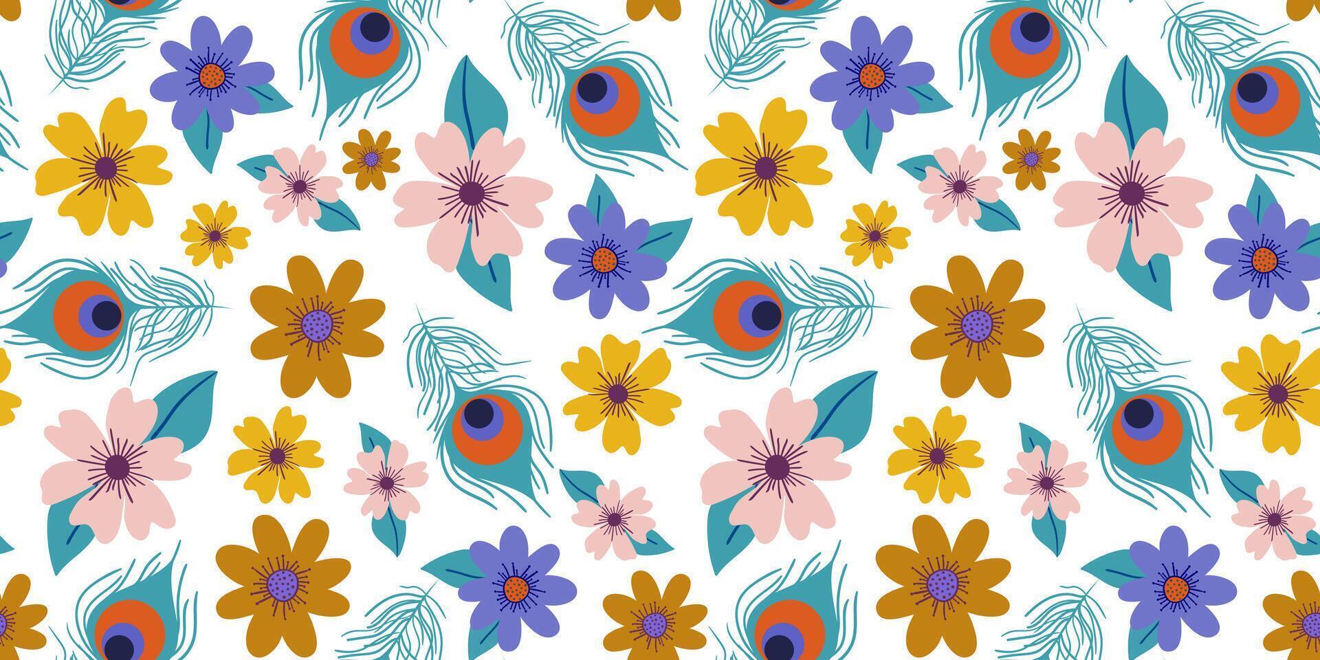 abstract seamless pattern with colorful flowers and peacock feathers on white background Krishna Janmashtami wallpaper web design textile vector