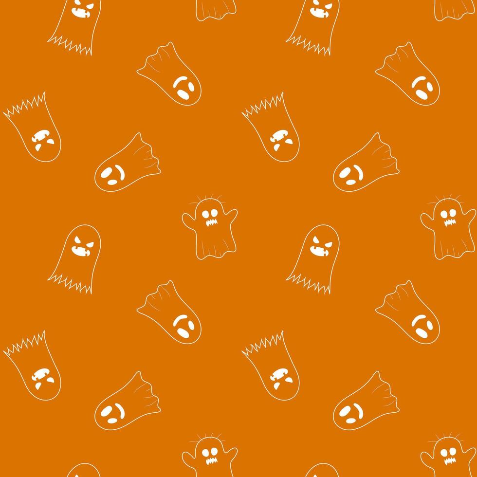 minimalist halloween seamless pattern orange background white outlined cartoon ghosts digital textile paper design spooky fun vector