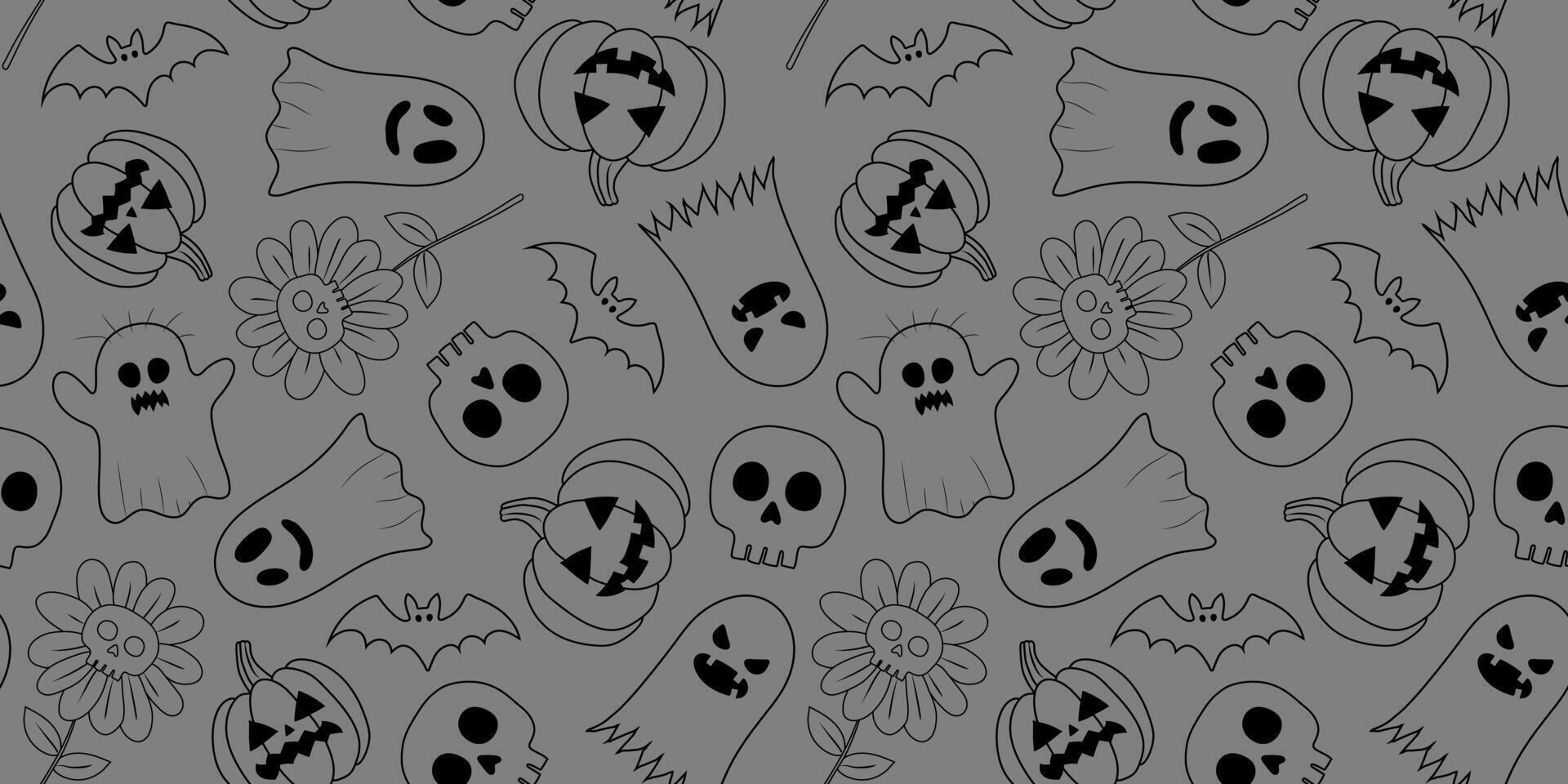 monochromatic halloween seamless pattern grey background white outlined ghosts pumpkins bats skulls flowers digital textile paper vector
