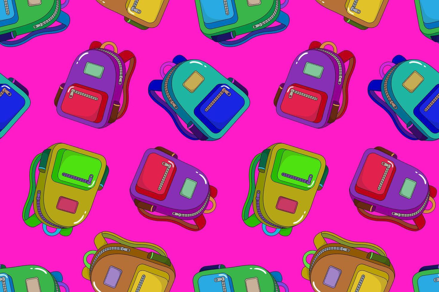 Mobileseamless pattern with colorful school backpacks on pink background, back to school design for kids, textile, stationery, wrapping, education art vector