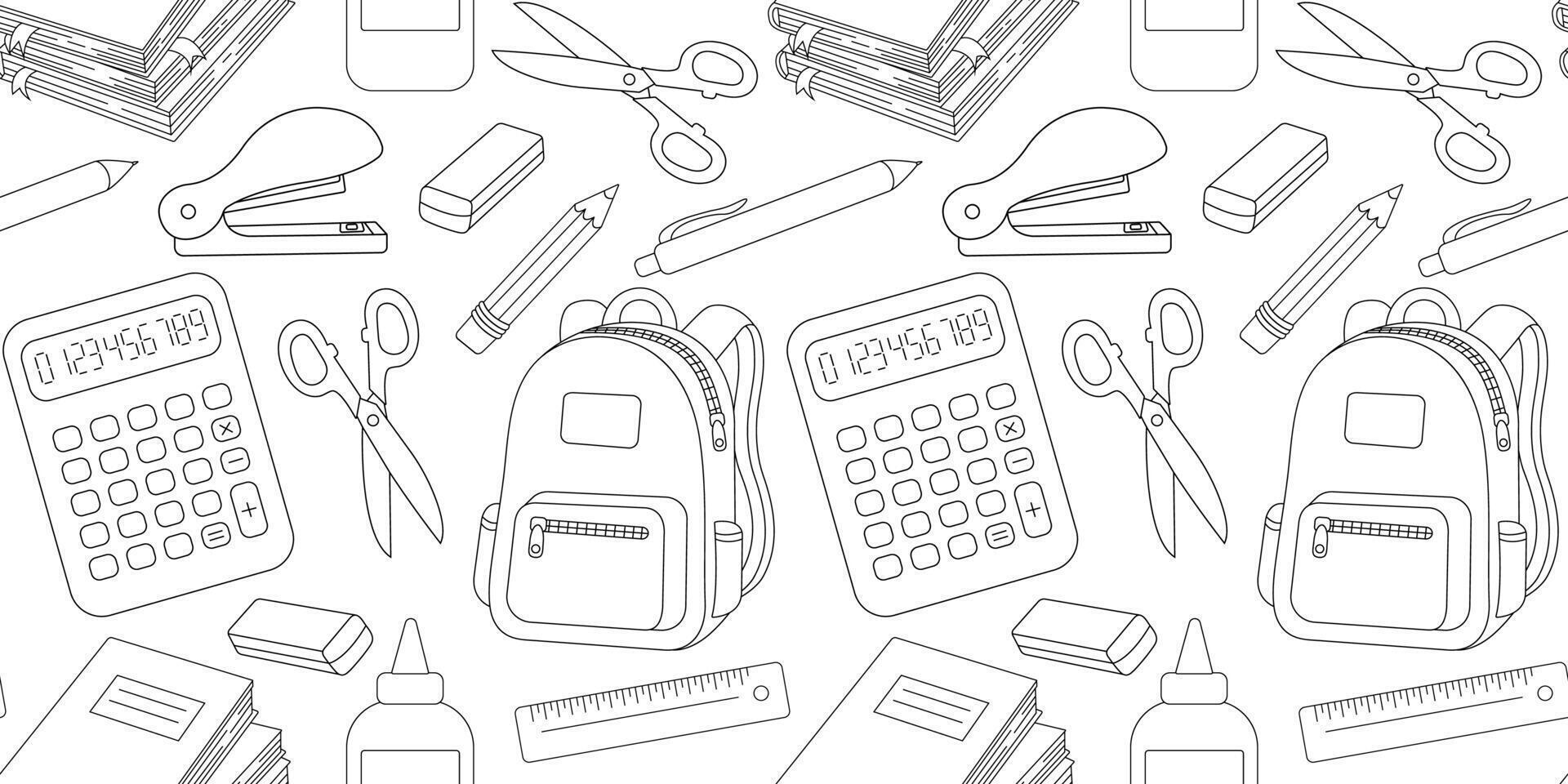 seamless school supplies pattern in black outline on white background, education design with backpacks, calculators, scissors, pencils and notebooks vector
