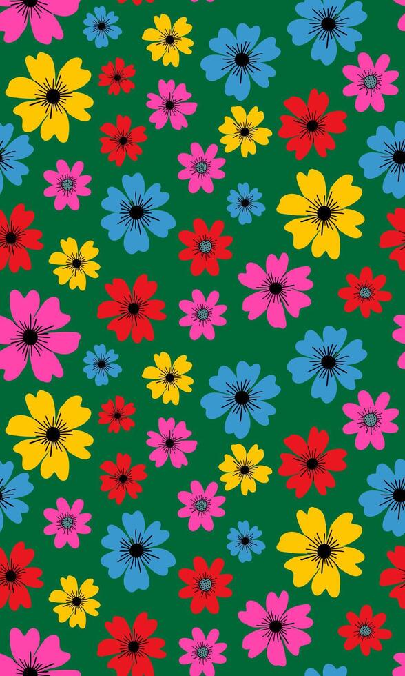 seamless floral pattern bright colorful flowers green background botanical design spring summer abstract backdrop wallpaper textile digital illustration vector