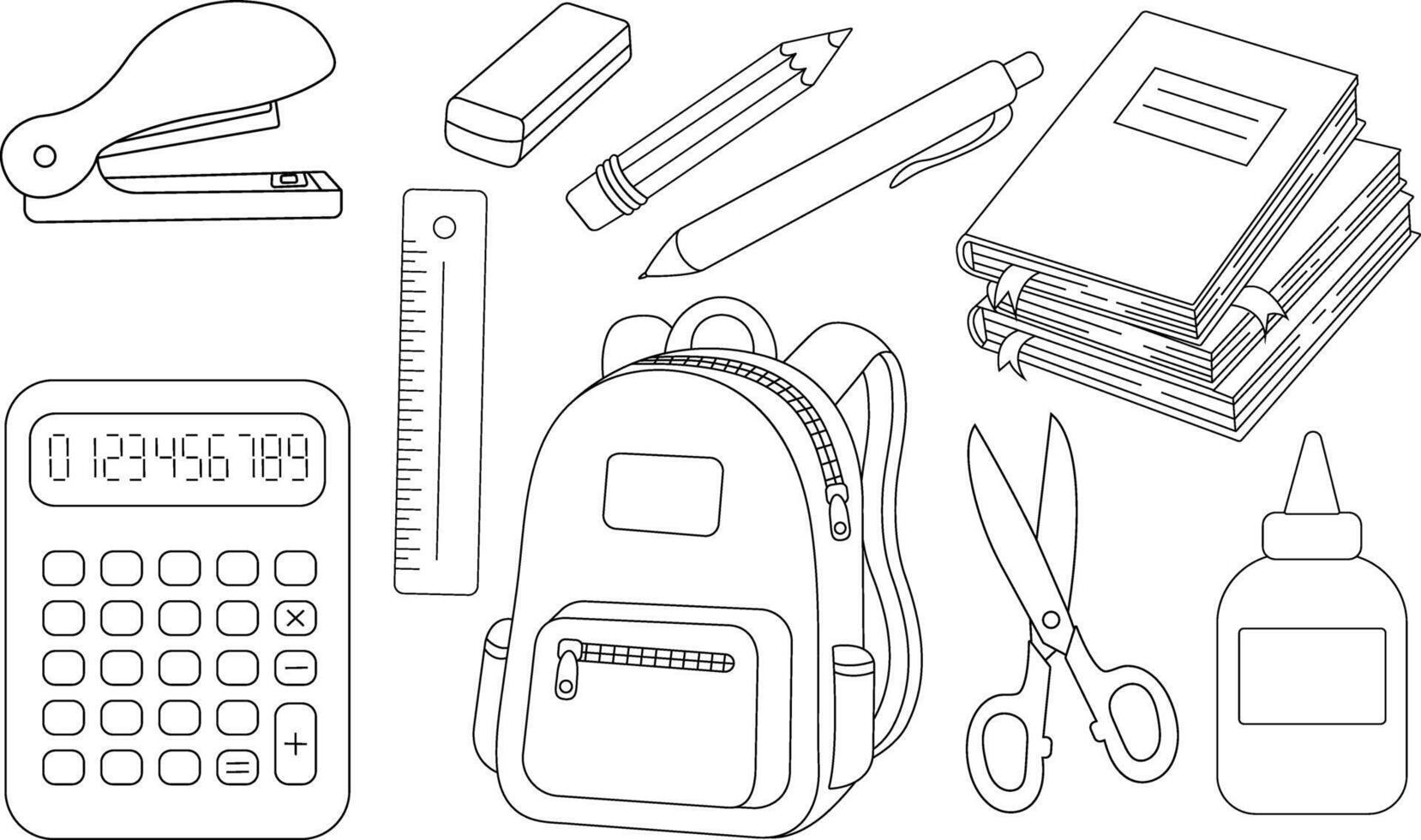 school supplies black and white set isolated on white background, includes backpack, books, scissors, ruler, pencil, glue, stapler, calculator vector
