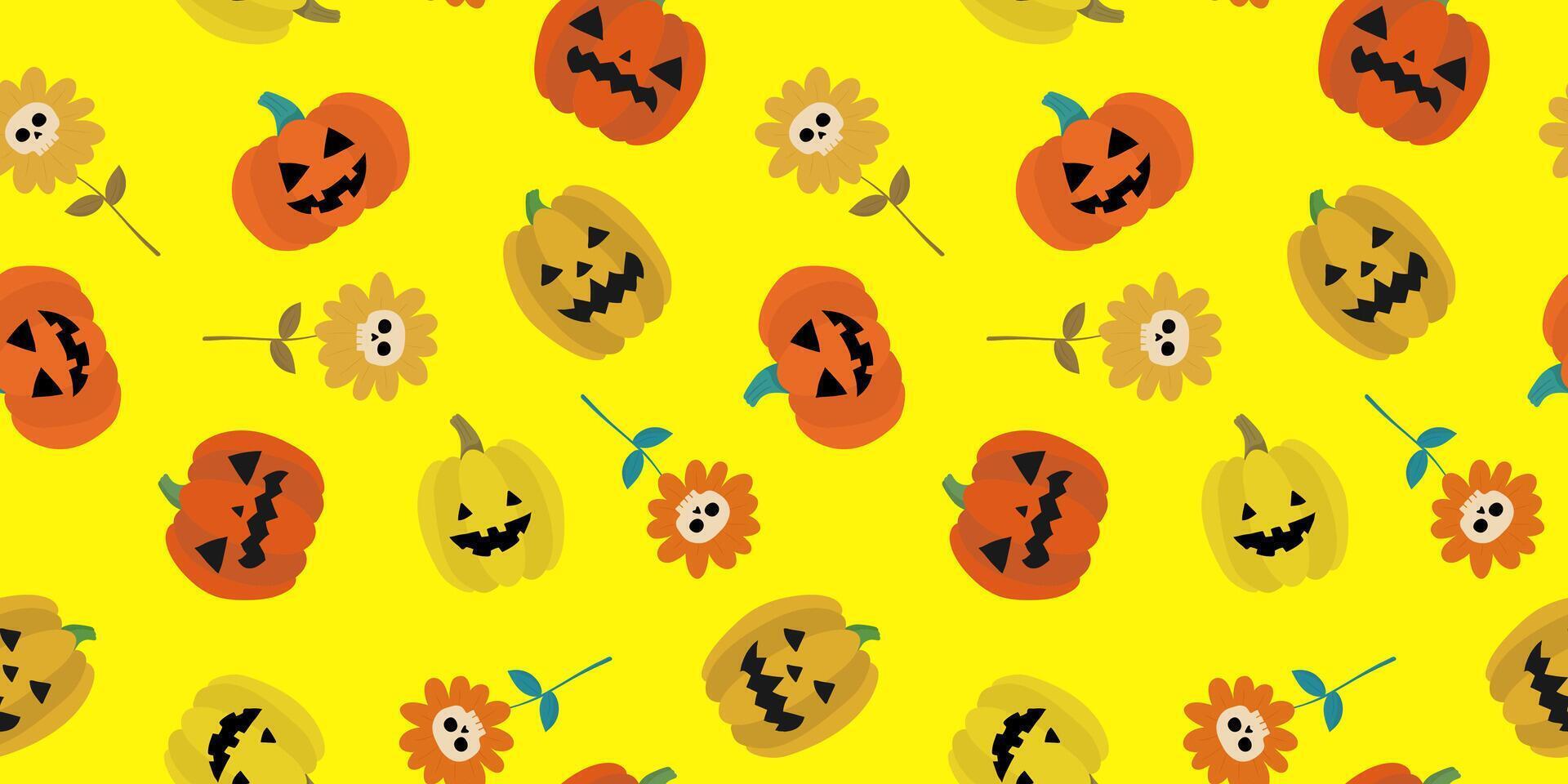 bright halloween seamless pattern yellow background jack o lantern pumpkins skull flowers fun festive holiday digital web design vector
