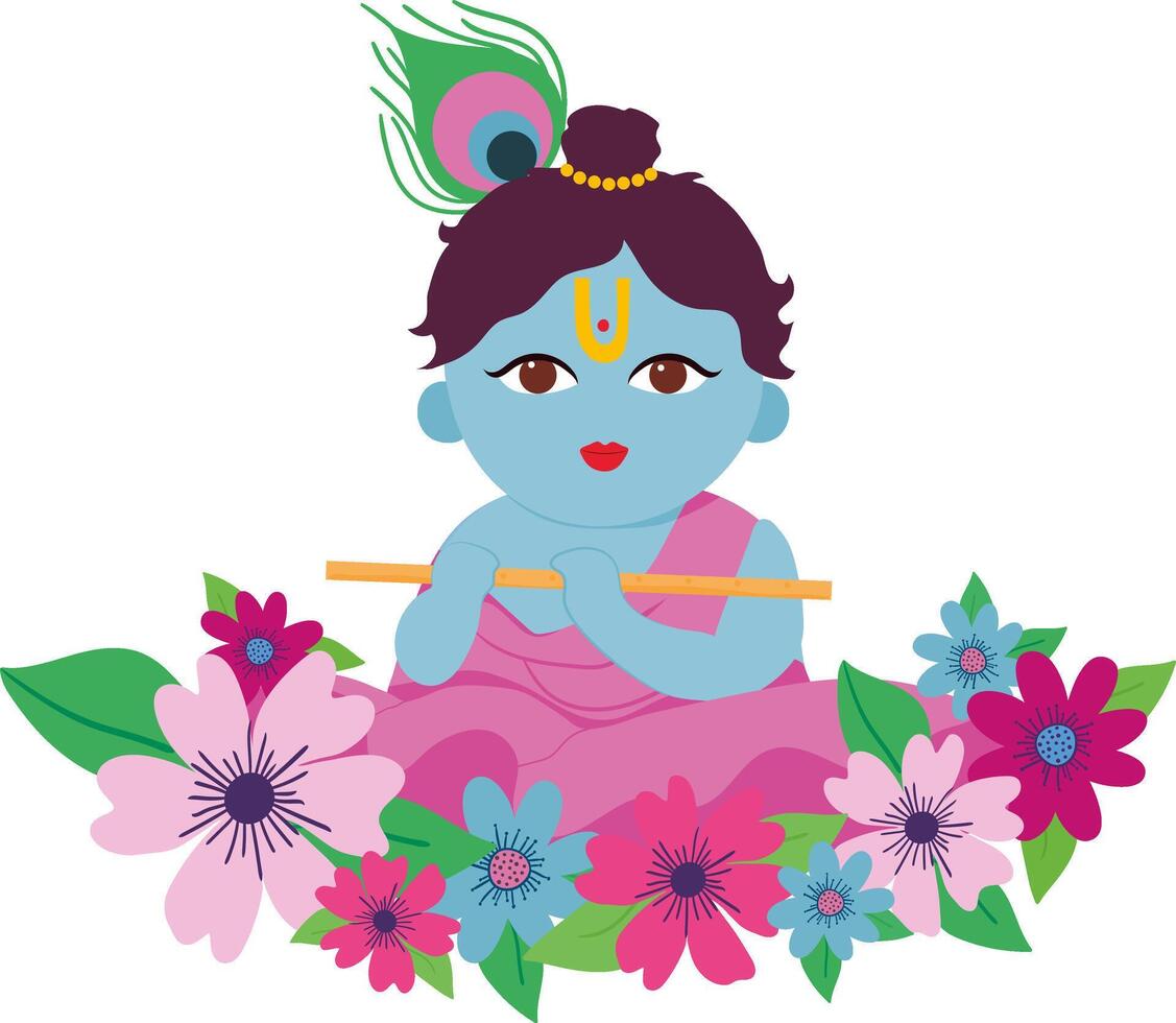 baby krishna with peacock feather and colorful flowers janmashtami hindu festival isolated illustration vector