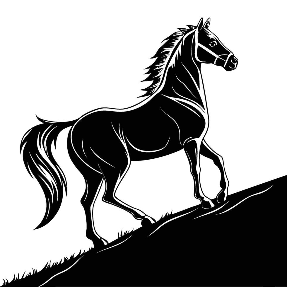 black and white silhouette of a horse on a hill vector