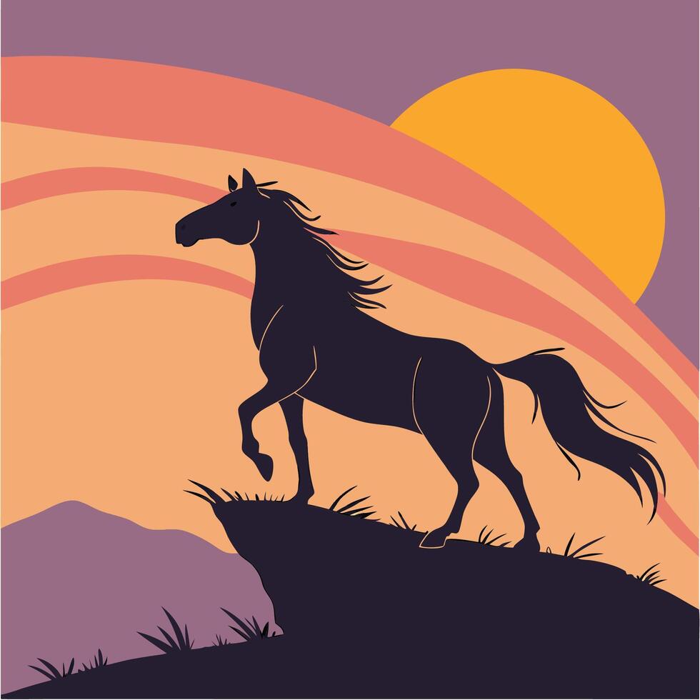 silhouette of a horse standing on a hill at sunset vector