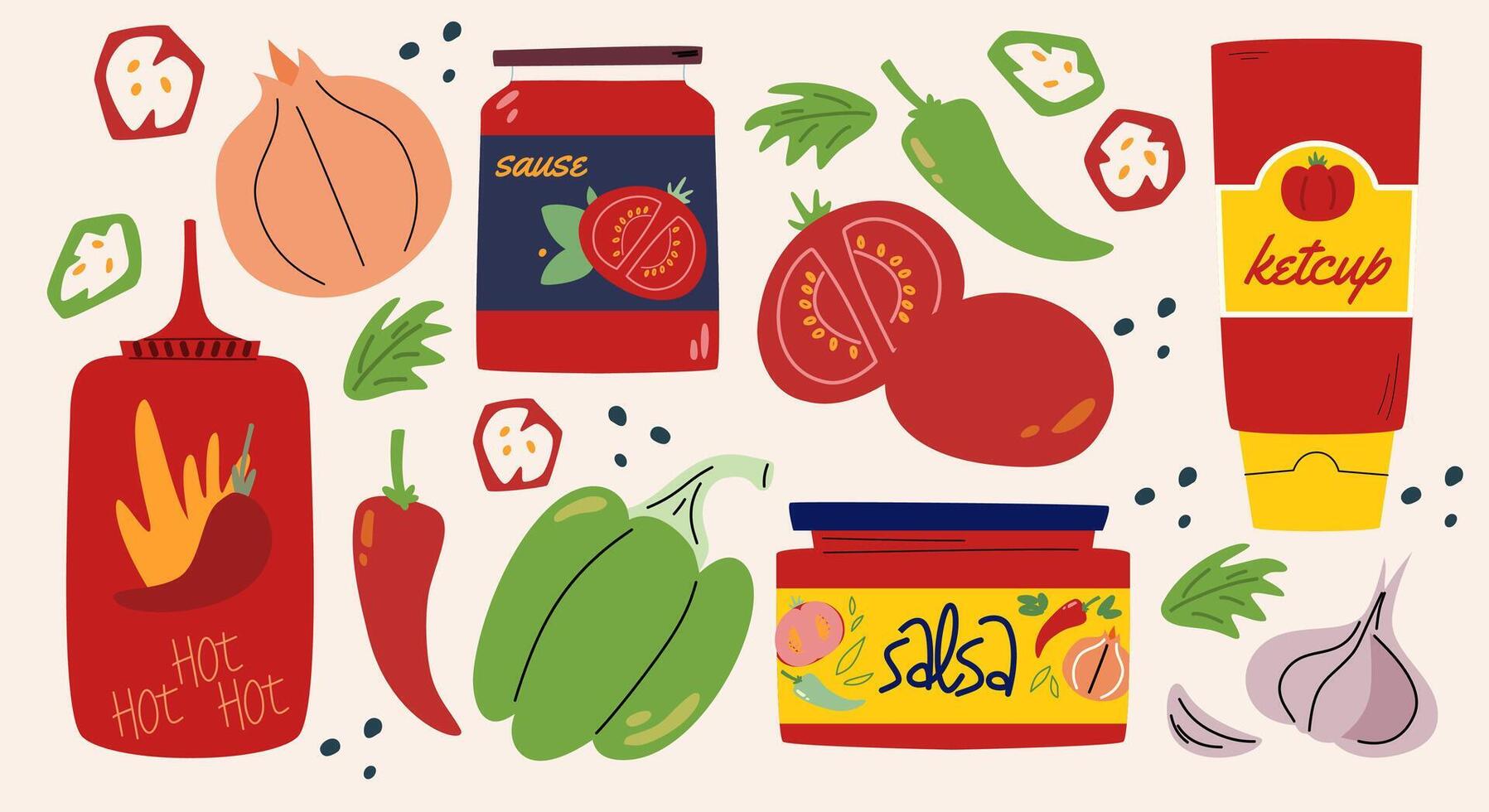 Set of hot and tomato sauces. Stickers with various cans and bottles of spicy dressings, Salsa, Ketchup. Different Hot Chili peppers. vector